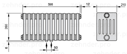 Схема (чертеж) Радиатор Zehnder Charleston 6026/13 №3470 Белый глянцевый RAL 9016